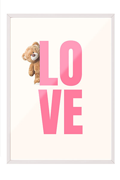 Zestia Tablou în ramă albă, cu text LOVE și figurină ursuleț, poster tipograf...