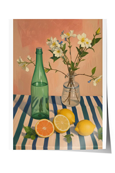 Zestia Плакат без рамка, стъклени бутилки, детайли с цветя и лимони, пастелен...