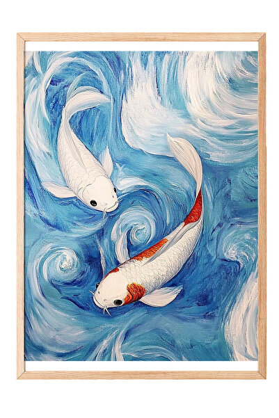 Zestia Tablou înrămat în lemn, pești Koi, valuri albastre, poster în stil jap...