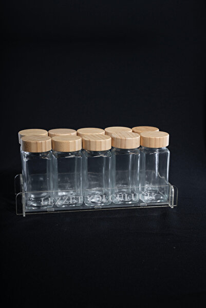 Etka Dizayn Aromis 10-Piece Glass Spice Rack Set – 105 Cc Bamboo Lid + Transparent Acrylic Stand