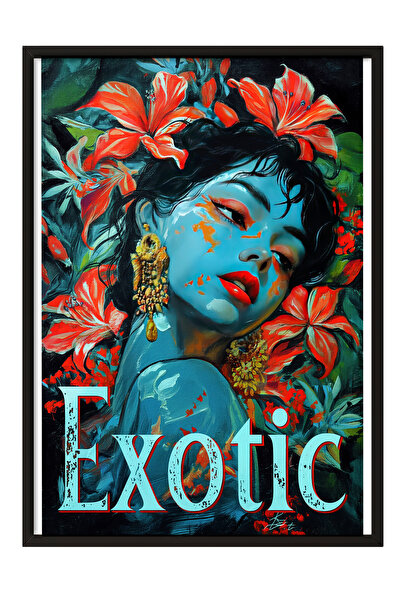 Zestia Tablou înrămat negru, portret de femeie, flori roșii și piele albastră...
