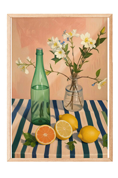 Zestia Картина с дървена рамка, стъклени бутилки, детайл с цветя и лимон, пас...