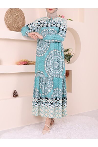 ALPACO Φόρεμα με ελαστικό μανίκι με σχέδιο με κορδόνια - Μέντα