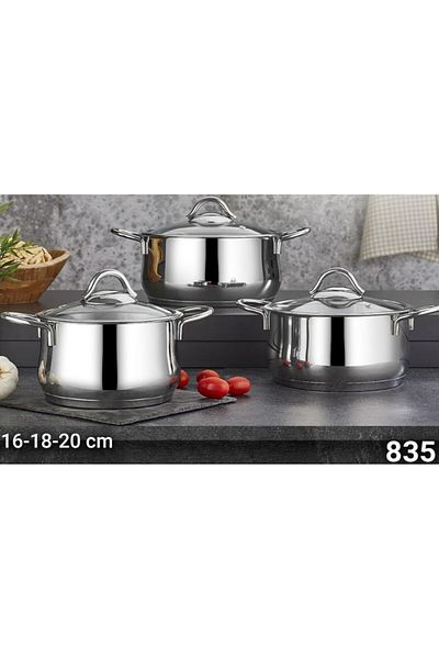 Hanedanev Steel Pot Set 430K Steel Stew Set 6 Piece Pot Set 16 - 18 - 20 cm