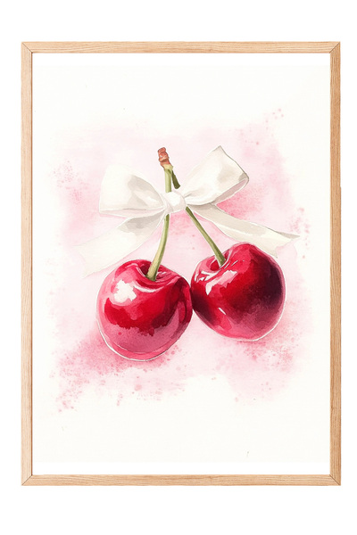 Zestia Картина с дървена рамка, череши, детайл с бяла панделка, акварелен сти...