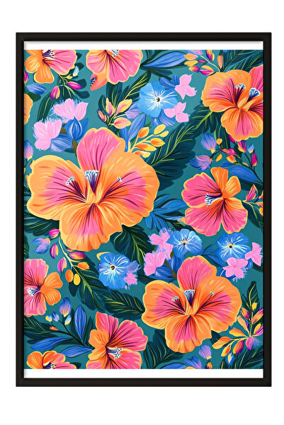 Zestia Tablou cu ramă neagră, model floral, poster colorat în stil tropical N...
