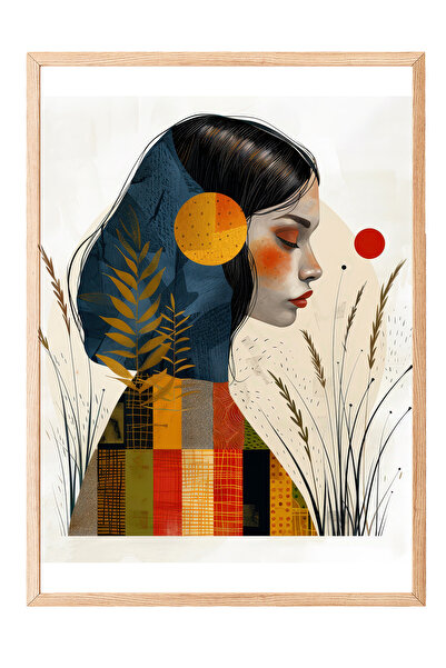 Zestia Tablou cu ramă din lemn, portret de femeie, motiv natură și soare, ilu...