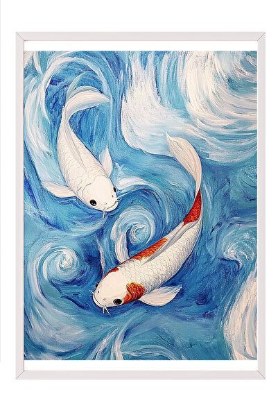 Zestia Tablou înrămat alb, pești Koi, valuri albastre, poster în stil japonez...