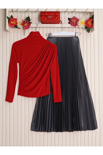 trend_ermege Half-Neck Gathered Sandy Blouse - Red