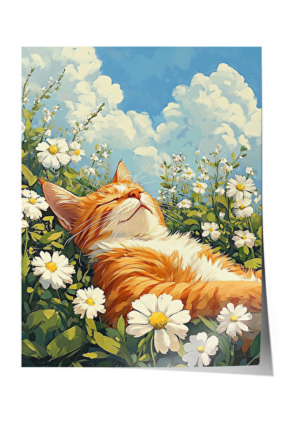 Zestia Плакат без рамка, котка, лежаща сред маргаритки, пролетен въздух Плака...