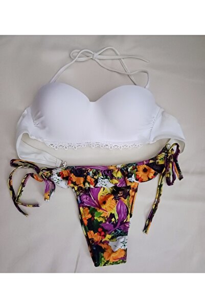 Nishstyle Üstü Beyaz Balenli Altı Rengarenk Brezilian Bikini Takım