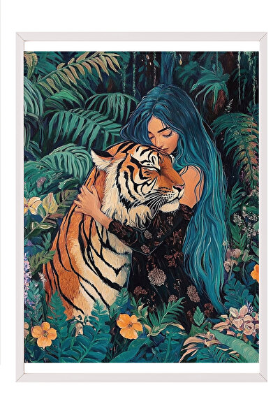 Zestia Beyaz Çerçeveli Tablo, Kaplan ve Kadın, Tropikal Orman, Fantastik Stil...