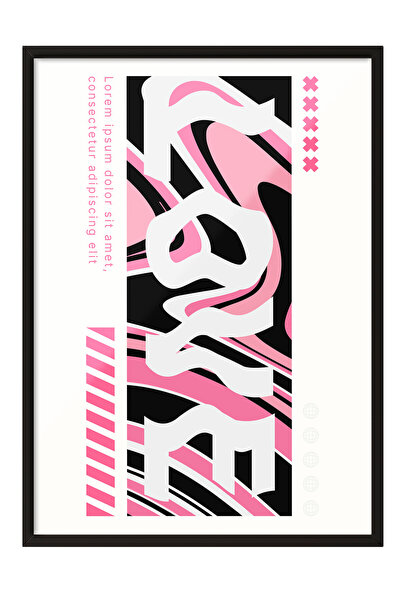 Zestia Tablou cu ramă neagră, text LOVE, tonuri de roz, tipografie verticală ...