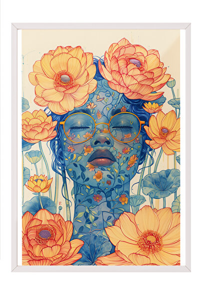 Zestia Tablou în ramă albă, portret de femeie, păr cu flori, ilustrație digit...