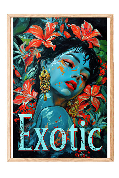 Zestia Tablou cu ramă din lemn, portret de femeie, flori roșii și piele albas...