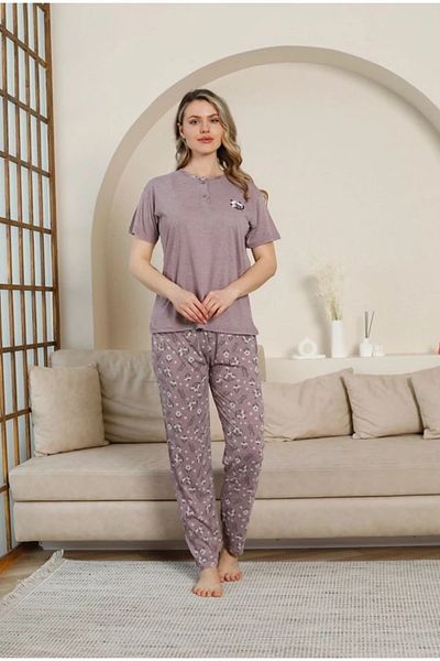 Yağmur Giyim Glisa Plum Front 2 Button Viscose Fabric Short Sleeve Pajama Set 5534-m