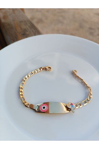 Blotch Name Writable Pink Evil Eye Bead Ice Cream Detailed Antiallergic Children's Steel Bracelet Imprint
