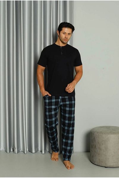 Yağmur Giyim IŞILAY Navy Blue μπροστινό 3 κουμπιά καρό πιτζάμες κοντομάνικο ανδρικό σετ πιτζάμες 19041-L