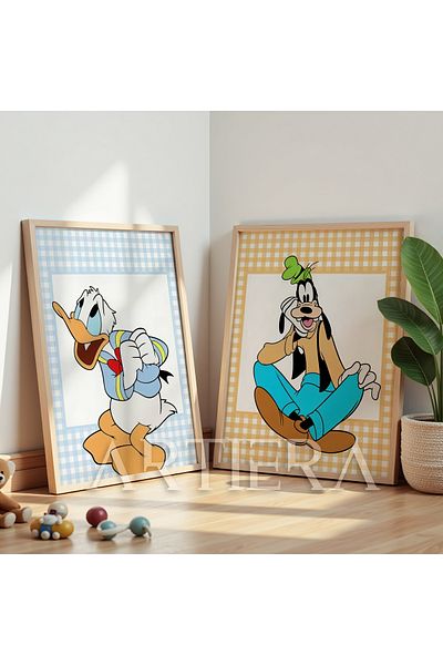 HİGUERA Donald și Goofy Pictură de perete pentru camera bebelușului și camera copiilor cu cadru din lemn