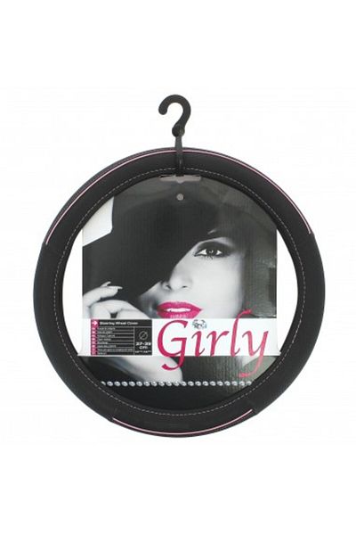 Car Accessories Black leather steering wheel cover with pink trim 37-39cm