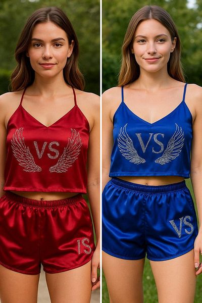 FENZO Women's Satin Set with Shorts Stone Print Chest and Back Details