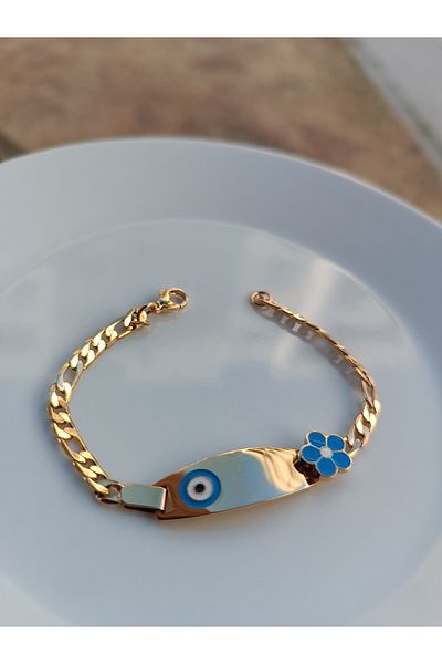 Blotch Name Writable Evil Eye Bead Blue Flower Detailed Antiallergic Children's Steel Bracelet Imprint