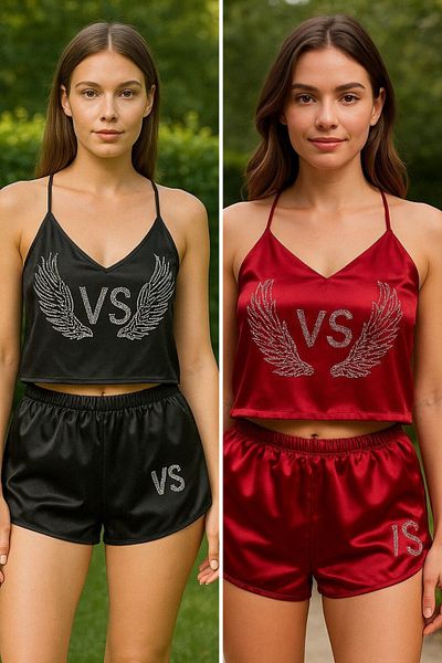 FENZO Women's Satin Set with Shorts Stone Print Chest and Back Details