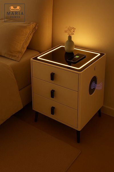 POWEREX طاولة جانبية ذكية باللون البيج مع شاحن لاسلكي، ومنافذ USB، وإضاءة LED، ومكبر صوت بلوتوث 59×46 سم