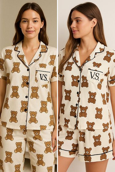 FENZO Cotton Viscose Women's Teddy Bear Pajamas Set Short Sleeve Top Long Sleepwear Bottom Casual Homewear