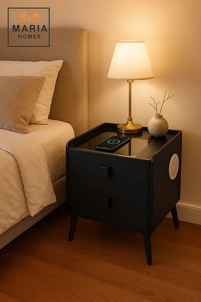 POWEREX Smart Nightstand in Beige & Brown with Wireless Charger, USB Ports, LED Light & Speaker 45x46cm