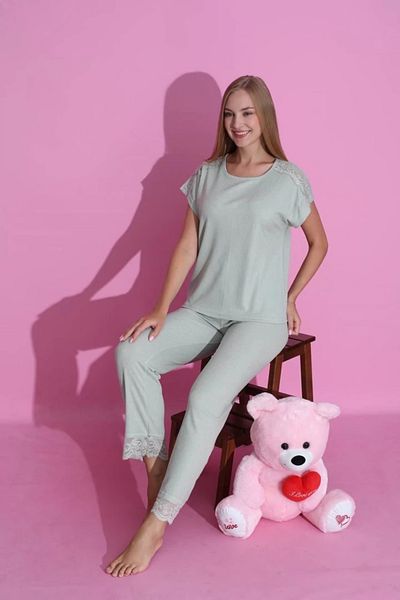 Yağmur Giyim Mlale Green Twill Thin Report Fabric Sleeve and Leg Lace Short Sleeve Pajamas Set 4061-Y