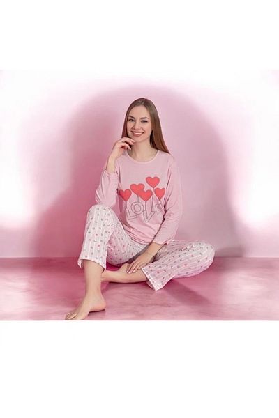 Yağmur Giyim Mlale Pink Heart Pattern Suprem Fabric Long Sleeve Pajamas Set 1494-P