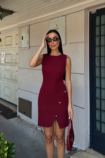bacc Burgundy Strap Accessory Detailed Slit Mini Dress