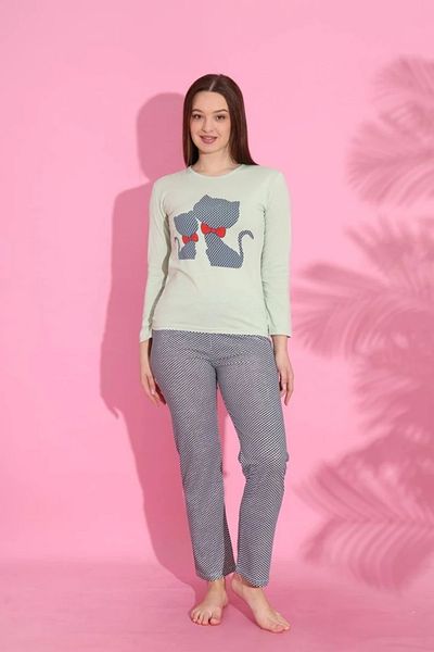 Yağmur Giyim Mlale Kitten Pattern Suprem Fabric Long Sleeve Pajamas Set 1528-Y