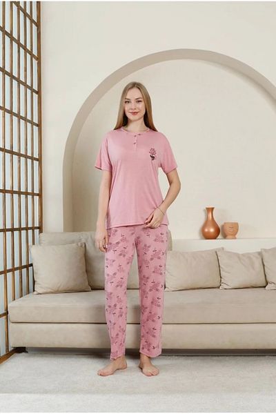 Yağmur Giyim Glisa Dusty Rose Front 2 Button Viscose Fabric Short Sleeve Pajama Set 5533-Gk