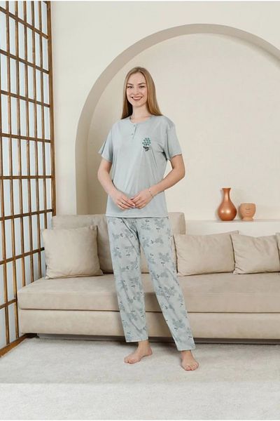 Yağmur Giyim Glisa Green Front 2 Buttons Viscose Fabric Short Sleeve Pajama Set 5533-Y