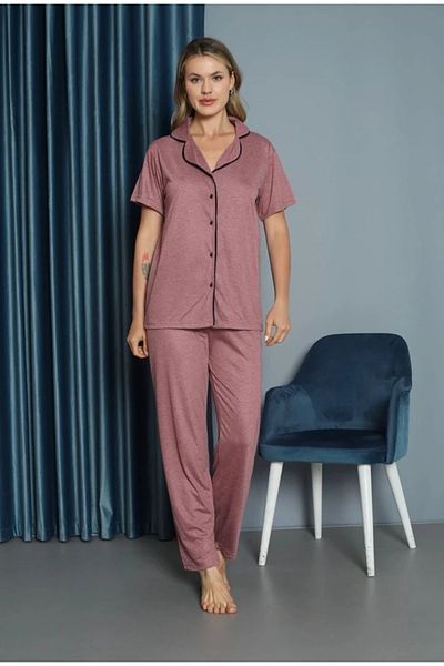 Yağmur Giyim Işilay Pink Front Buttoned Dotted Viscose Fabric Short Sleeve Pajama Set 15700-P