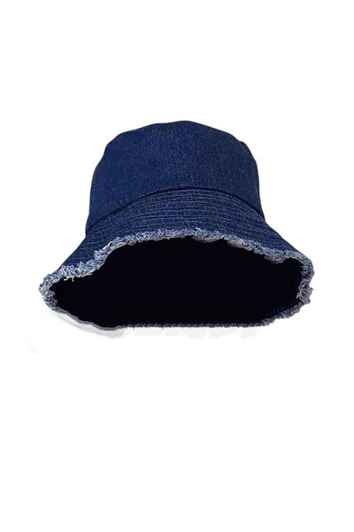 OEM Unisex Denim Bucket Hat, Wide Brim with Raw Hem, Retro Casual - Navy Blue