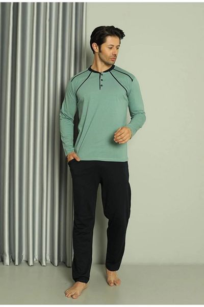 Yağmur Giyim Işilay Green-Navy Blue Front 3 Button Summer Long Sleeve Men's Pajama Set 16650-Y