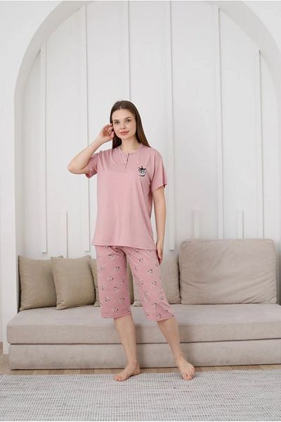 Yağmur Giyim Glisa Dusty Rose Front 2 Button Viscose Fabric Short Sleeve Capri Pajama Set 6031-Gk