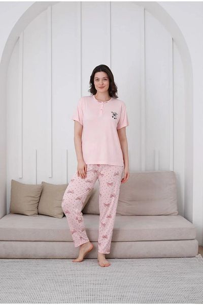 Yağmur Giyim Glisa Powder Front 2 Buttons Viscose Fabric Short Sleeve Pajama Set 5530-P