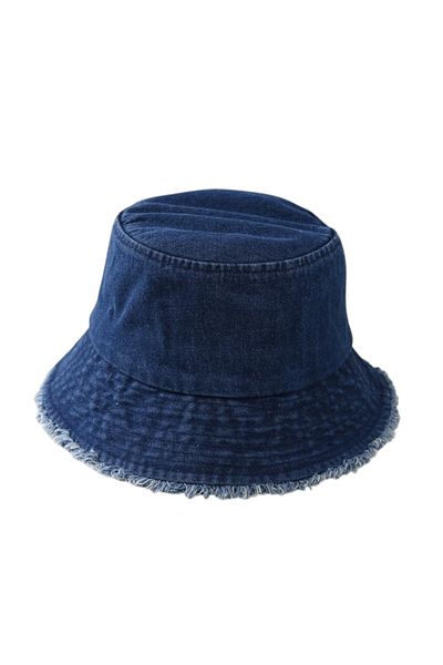 OEM Unisex Denim Bucket Hat, Wide Brim with Raw Hem, Retro Casual - Navy Blue