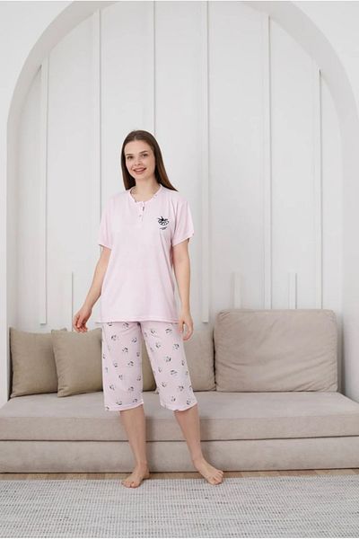Yağmur Giyim Glisa Pink Front 2 Buttons Viscose Fabric Short Sleeve Capri Pajamas Set 6031-P