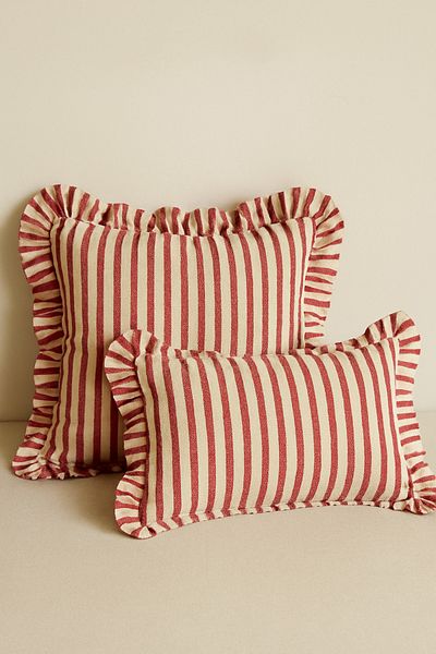 Mirilliahome مجموعة من 2 غطاء وسادة من الكتان المخطط والمكشكش – 43x43 و50x30 سم