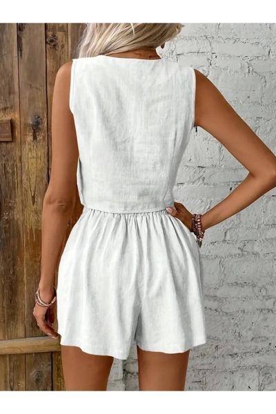 Masspera V-Neck Buttoned Imported Linen Vest and Shorts Bottom-Top Suit