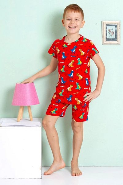 Yağmur Giyim Elmkp Red Dinosaur Pattern Boys' Shorts Pajamas Set 3-10 Years 3203