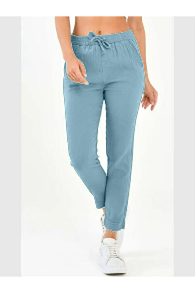 MODA Kadın Beli Lastikli Dar Paça Müslin Keten Pantolon