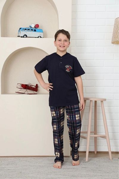 Yağmur Giyim Kapi̇p Navy Blue Break Limite Printed Short Sleeve Boy's Pajama Set 10-15 Years 5873-L