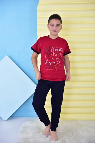 Yağmur Giyim Kapi̇p Burgundy 82 Sport Printed Short Sleeve Boy's Pajamas Set 11-15 Years 5046-B