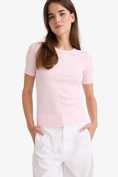 DeFacto Slim Fit Tight Fit Crew Neck Basic Plain Ribbed Camisole Short Sleeve T-Shirt C0097Ax25Au